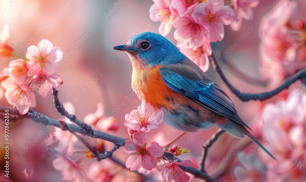 Colorful Bird. Songbird in Cherry Blossoms Colorful Bird. Songbird in Cherry Blossoms