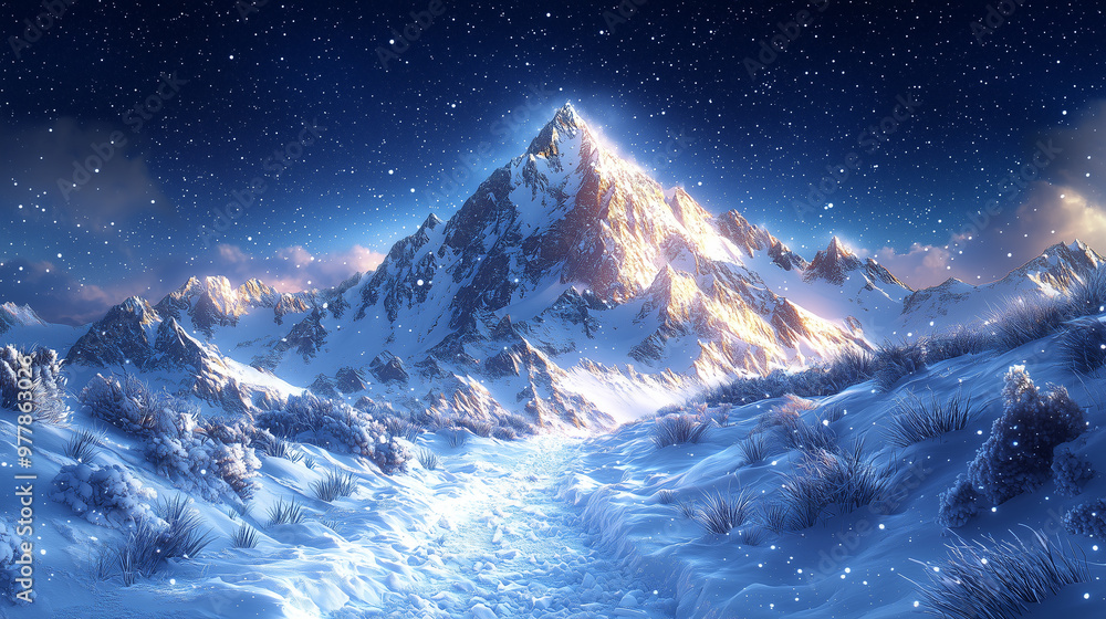 Snowy mountain. Starry clear night. Snowy mountain. Starry clear night.