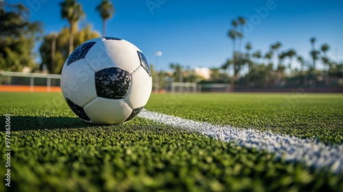 A close-up of a worn soccer ball resting on lush grass in a sunny park during...