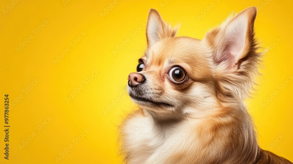A chihuahua gazes curiously at the viewer, standing out against a bright yellow background that highlights its features A chihuahua gazes curiously at the viewer, standing out against a bright yellow background that highlights its features