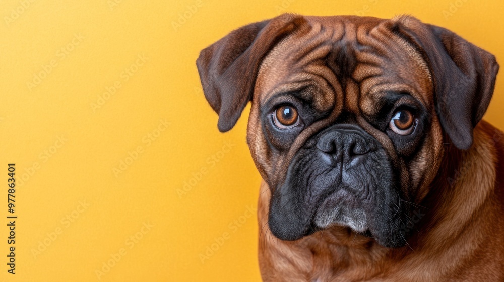 Obraz premium A dog gazes curiously with its big eyes showcased against a vibrant yellow backdrop in a studio