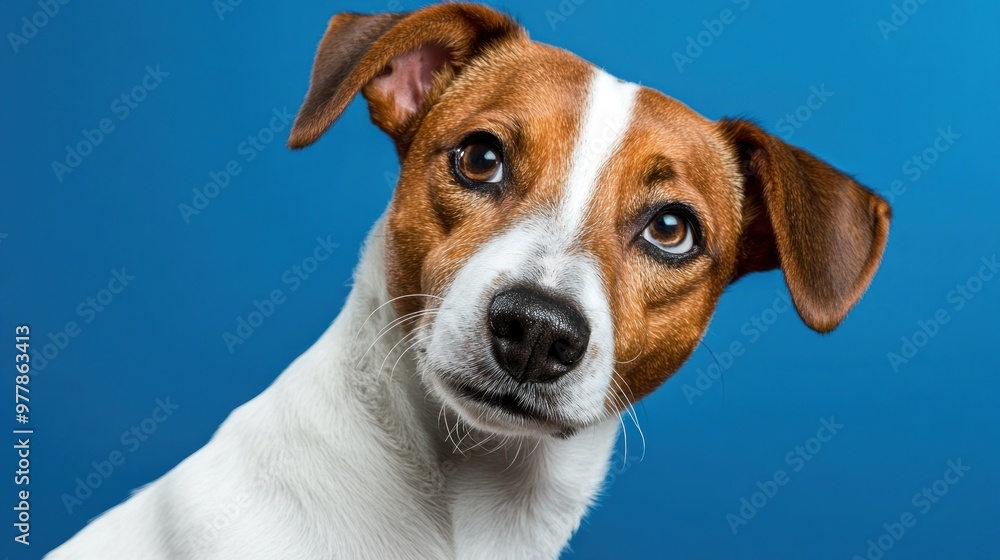 A small dog tilts its head with curiosity, showcasing its friendly demeanor against a bright blue backdrop A small dog tilts its head with curiosity, showcasing its friendly demeanor against a bright blue backdrop