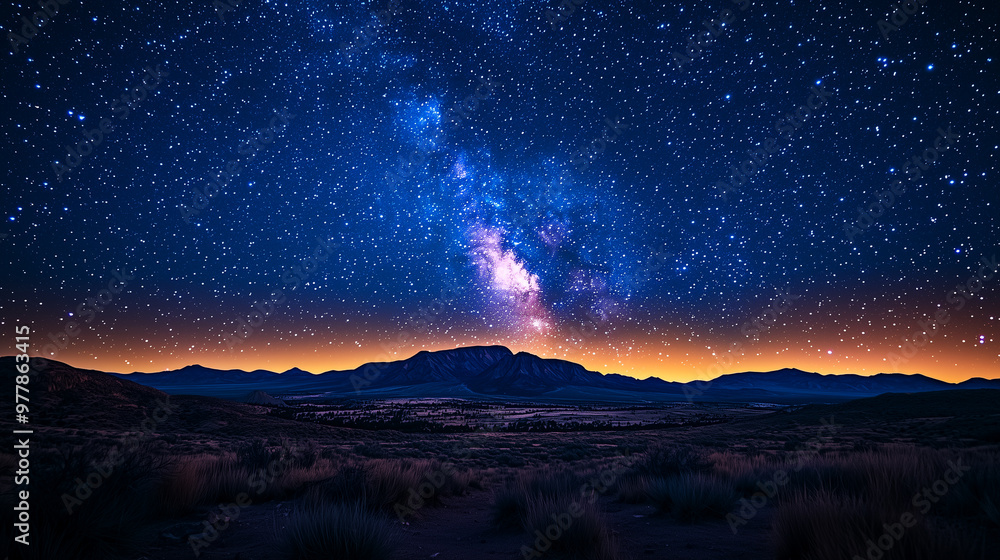 Fototapeta premium Starlight and mountain terrain. Desert. Night. Professional photo. High detail.