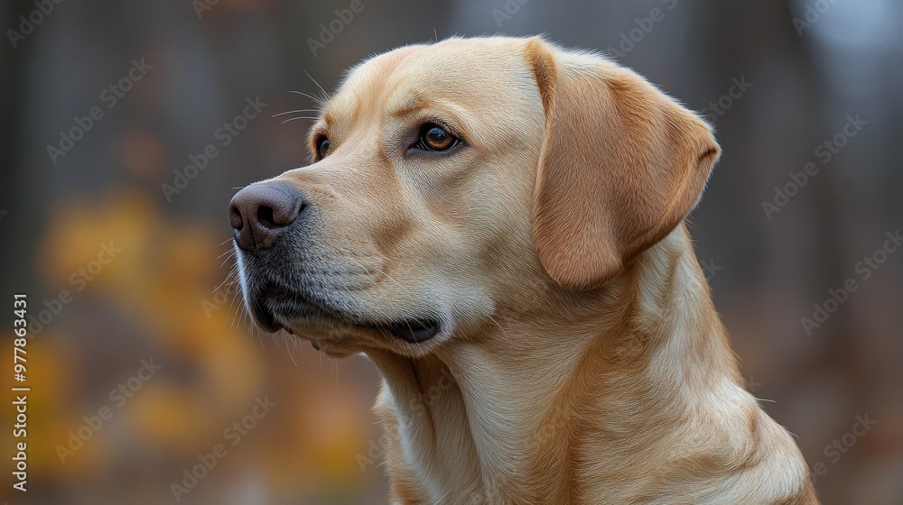 A golden Labrador retriever gazes attentively while surrounded by autumn foliage in a tranquil forest A golden Labrador retriever gazes attentively while surrounded by autumn foliage in a tranquil forest