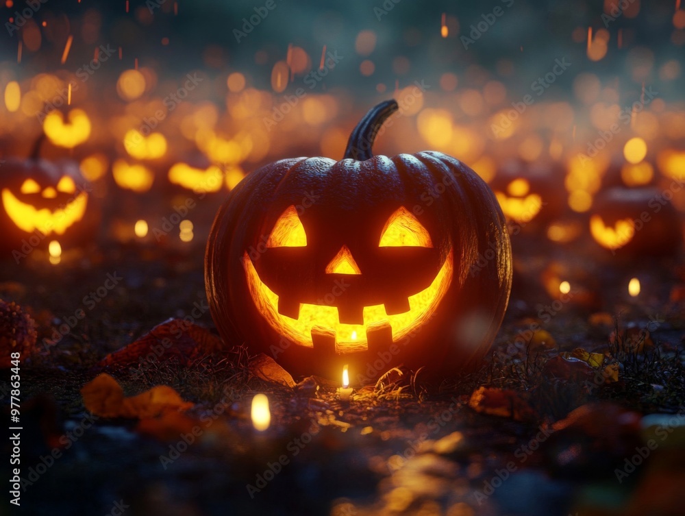 Glowing Jack-o'-lantern with a Grin Amidst a Field of Pumpkins on a Misty Halloween Night Glowing Jack-o'-lantern with a Grin Amidst a Field of Pumpkins on a Misty Halloween Night