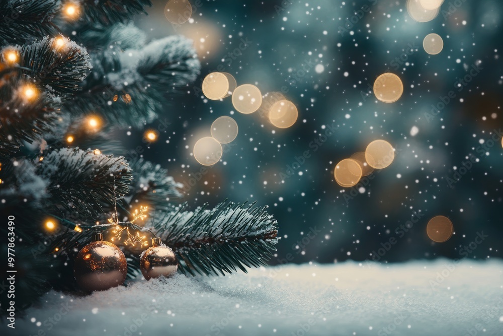 Fototapeta premium Christmas winter background with snow and blurred bokeh for festive greeting card design