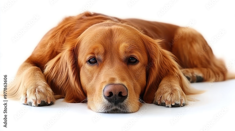 A golden retriever lies comfortably on a white surface, enjoying a relaxing moment at home A golden retriever lies comfortably on a white surface, enjoying a relaxing moment at home