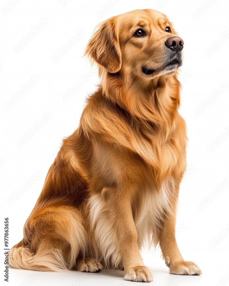 The golden retriever poses elegantly against a clean, white backdrop, highlighting its beautiful fur and attentive gaze The golden retriever poses elegantly against a clean, white backdrop, highlighting its beautiful fur and attentive gaze
