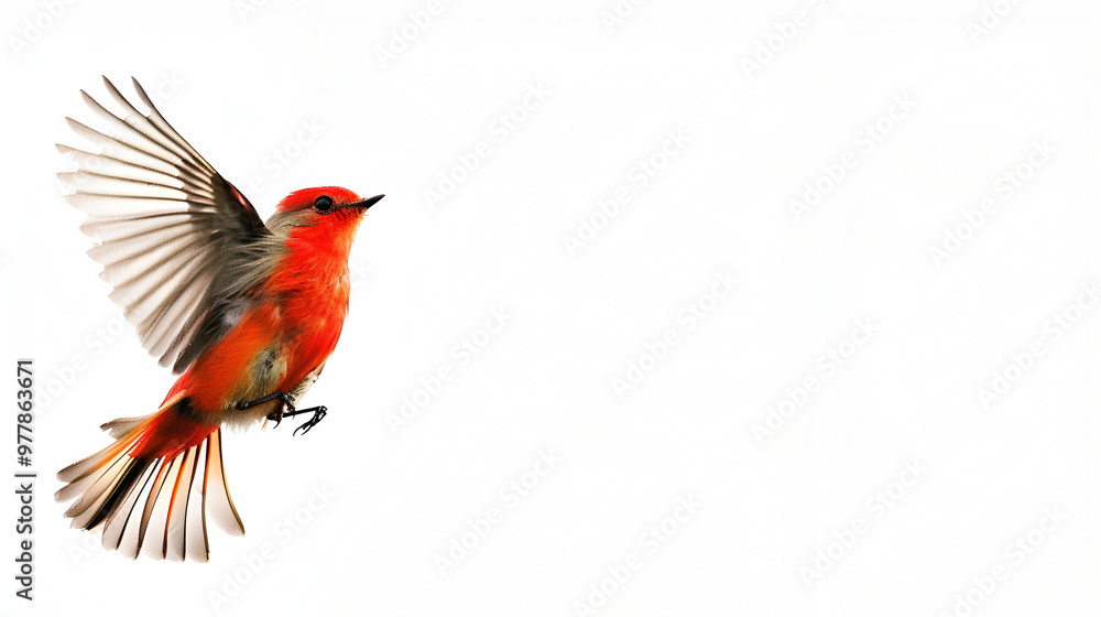 A bright vermilion flycatcher hovering mid-air on a white background with copy space, wings flapping quickly A bright vermilion flycatcher hovering mid-air on a white background with copy space, wings flapping quickly