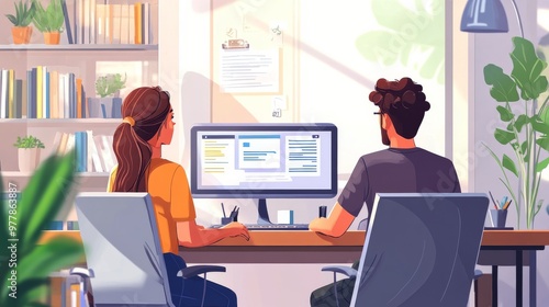 Couple smiling together in a cozy, modern office during a productive workday ...