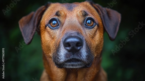 The brown dog gazes directly at the camera, displaying its soulful eyes and alert expression in a natural setting