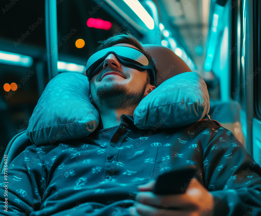 Obraz premium A man resting on a night bus, using a neck pillow and sleep mask while journeying through the city streets