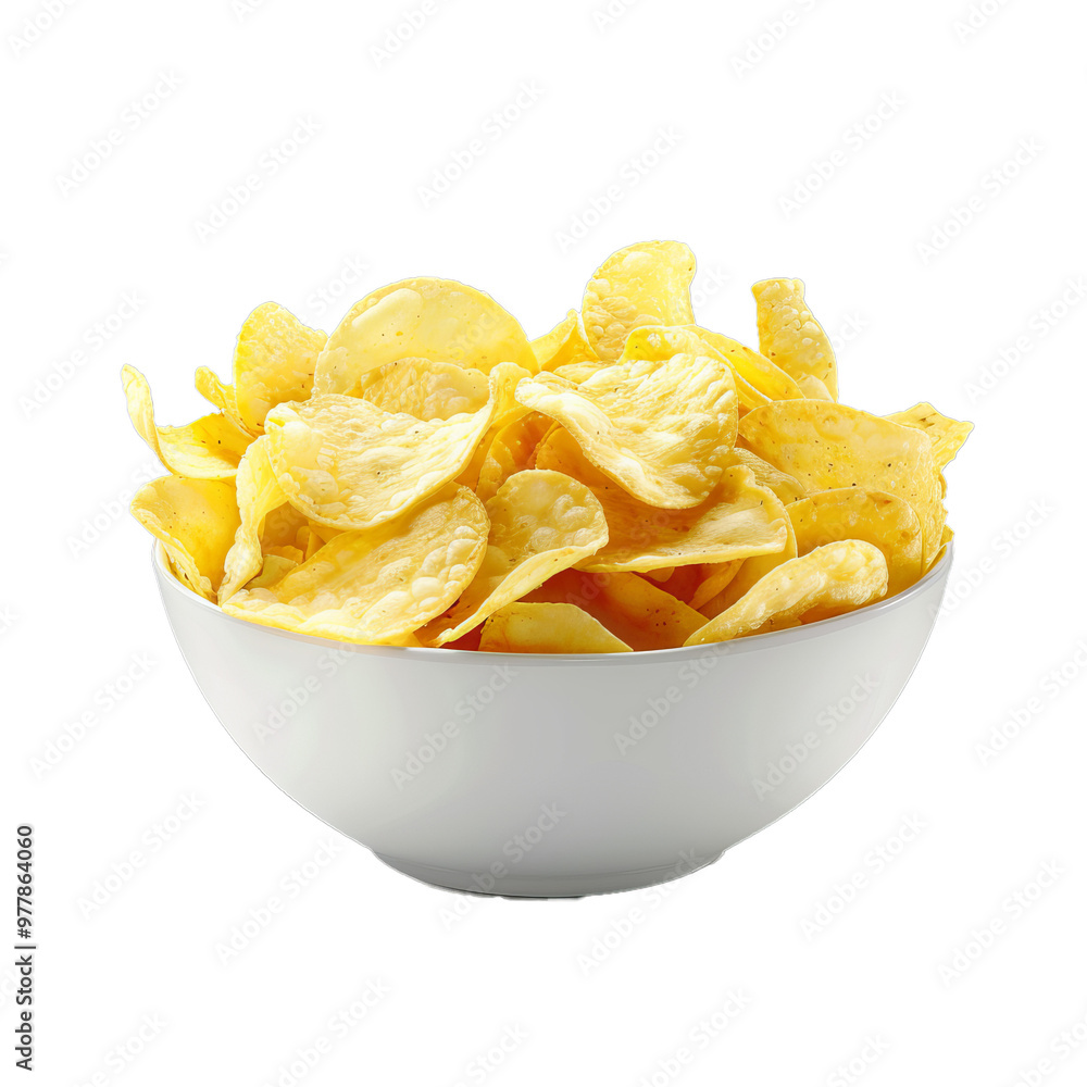 Obraz premium Round salted potato chips are overflowing a white ceramic bowl on a white background