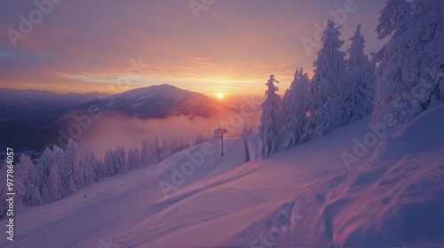 Dawn breaking over a snowy ski slope in the mountains during winter
