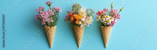 arrangement of three cone filled with beautiful spring flowers isolated on a pastel background