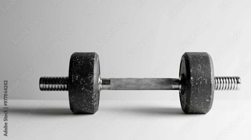 Naklejka premium This durable black dumbbell rests on a plain background, perfect for home workouts