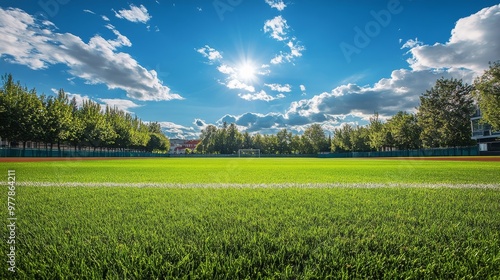 A bright afternoon on a well-kept soccer field surrounded by lush trees and b...