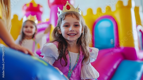 Kids dressed as princesses and knights at a fairytale-themed birthday party playing in a castle bounce house. photo