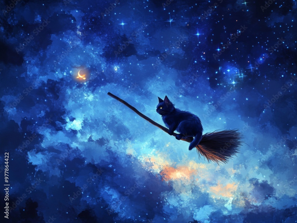 Fototapeta premium Black Cat Flying on a Broom Through a Starry Night