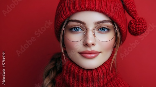 Santa Claus wearing sunglasses and a cozy red scarf against a bright red back...