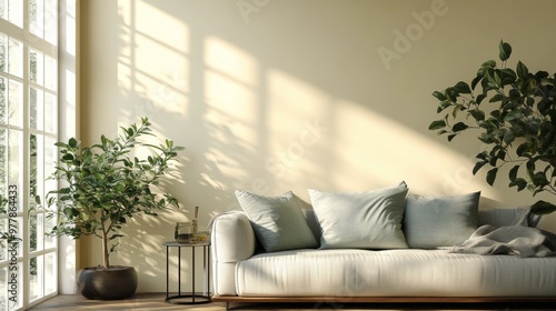 Cozy living room with bright natural light shining on a white sofa and decora...