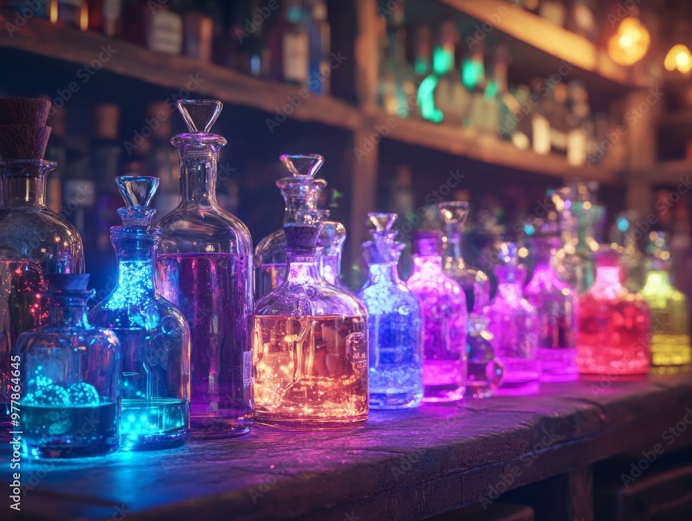 Illuminated Glass Bottles with Colorful Liquids on Wooden Counter Illuminated Glass Bottles with Colorful Liquids on Wooden Counter