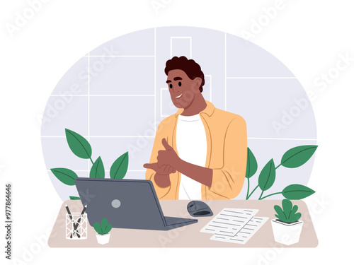 Freelancer working remotely using laptop for work. A man sits at a desk at a comfortable workplace. Flat graphic vector illustrations isolated on white background