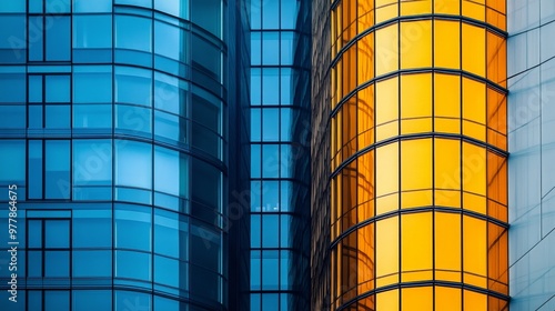 Modern glass facade of a high-rise building under an evening sky showcasing u...