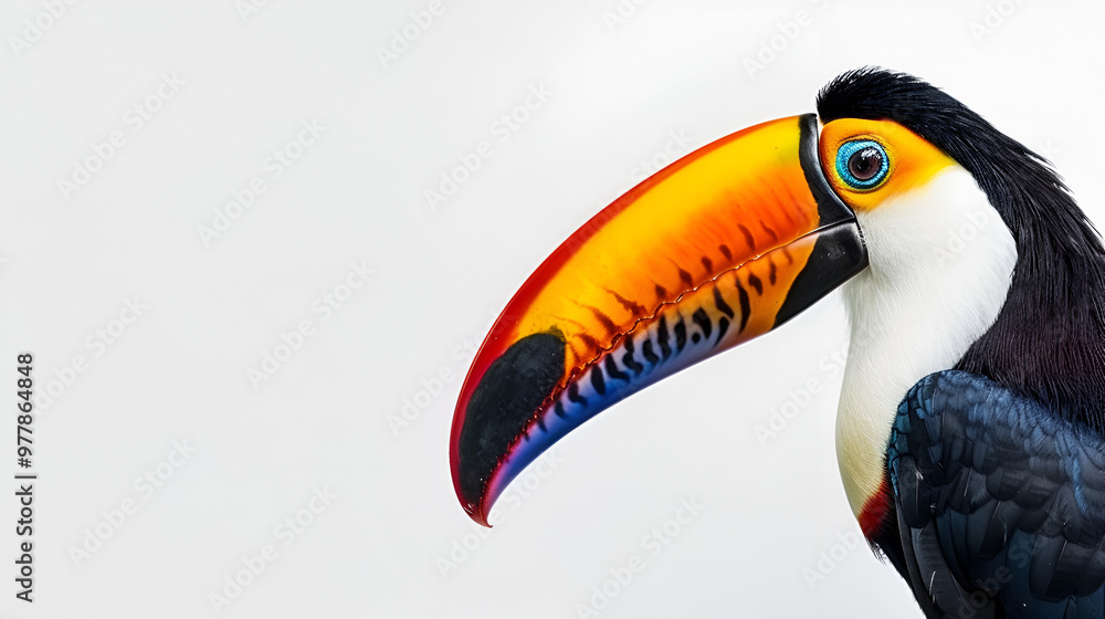 Naklejka premium A brilliant toucan with its large colorful beak on a white background with copy space, poised and still