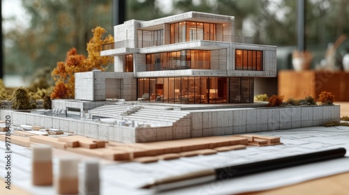 Modern architectural model of a luxury house on a table with design blueprint...