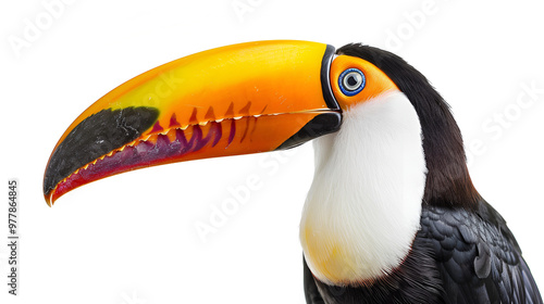 A brilliant toucan with its large colorful beak on a white background with copy space, poised and still