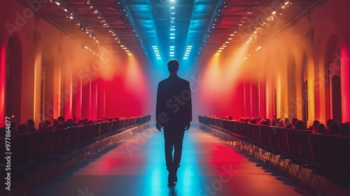Model walks down the runway during a vibrant fashion show with colorful light...