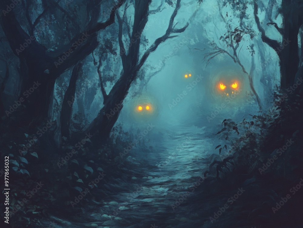 A Mystifying Forest Path with Eerie Glowing Eyes A Mystifying Forest Path with Eerie Glowing Eyes