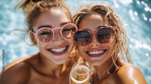 Friends enjoying champagne in a tropical pool surrounded by palm trees on a s...