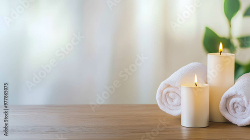 Detoxifying face mask and meditation candles on a wooden spa table, soft background light