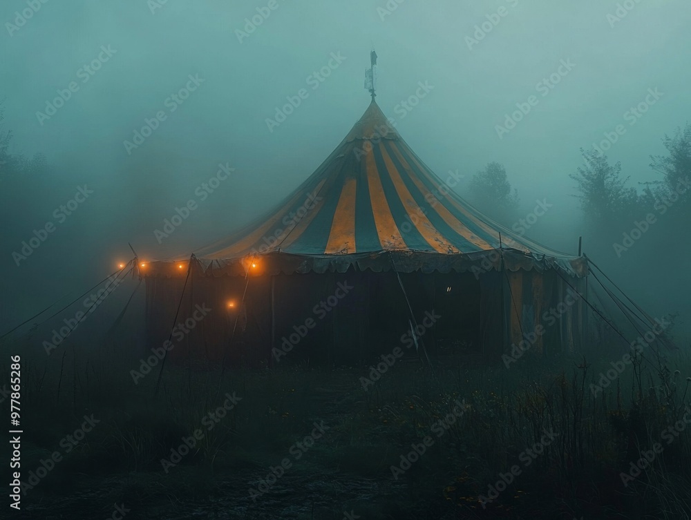 A Striped Tent Stands Alone in a Foggy Clearing A Striped Tent Stands Alone in a Foggy Clearing