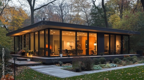 Modern home exterior featuring wooden deck and large glass windows in a subur...