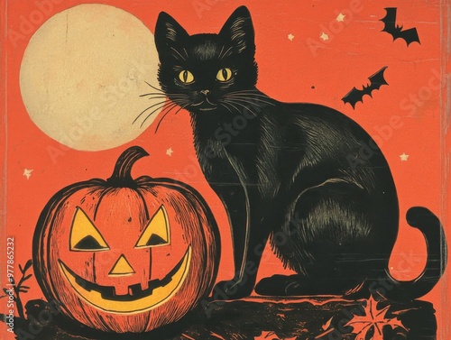 Black Cat and Jack-o'-Lantern Under a Full Moon