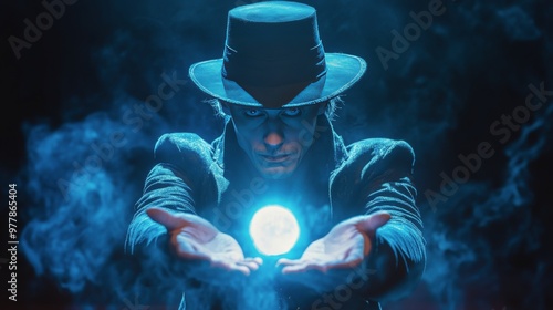 Dramatic performance under blue lights with a spotlight on a suited figure in...