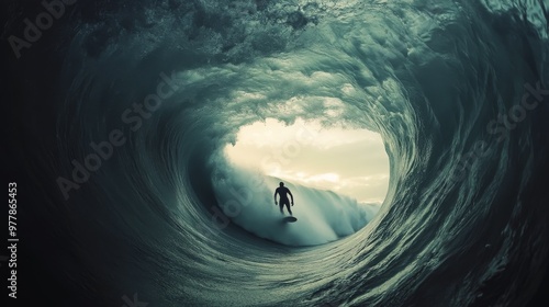 Surfer rides inside a massive wave at sunset on a beautiful beach