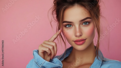Young woman smiling and posing in sunglasses against a vibrant pink backdrop ...