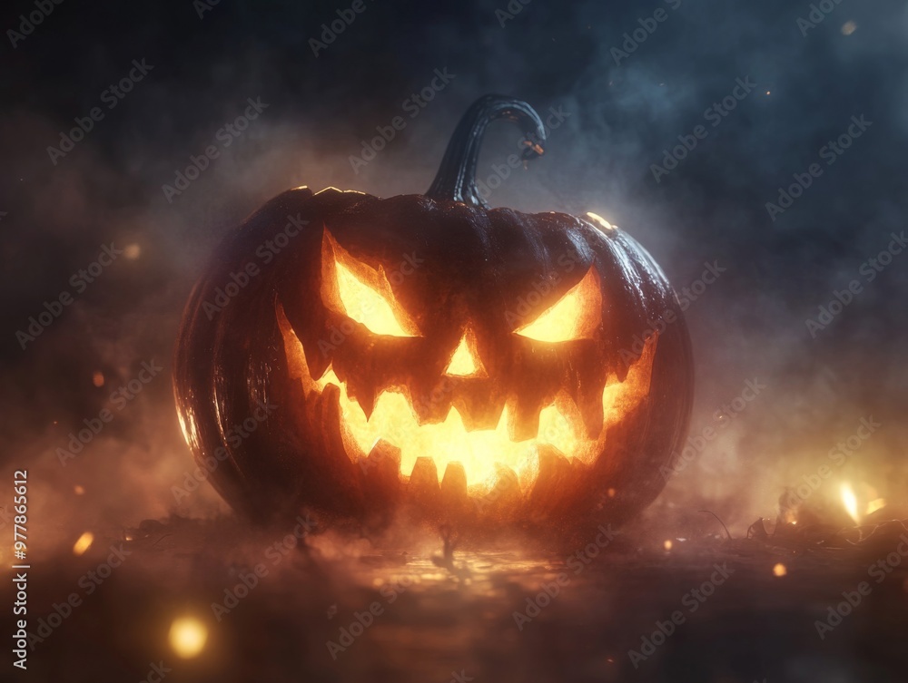 Glowing Jack-o'-Lantern with Evil Grin in Smoky Atmosphere Glowing Jack-o'-Lantern with Evil Grin in Smoky Atmosphere
