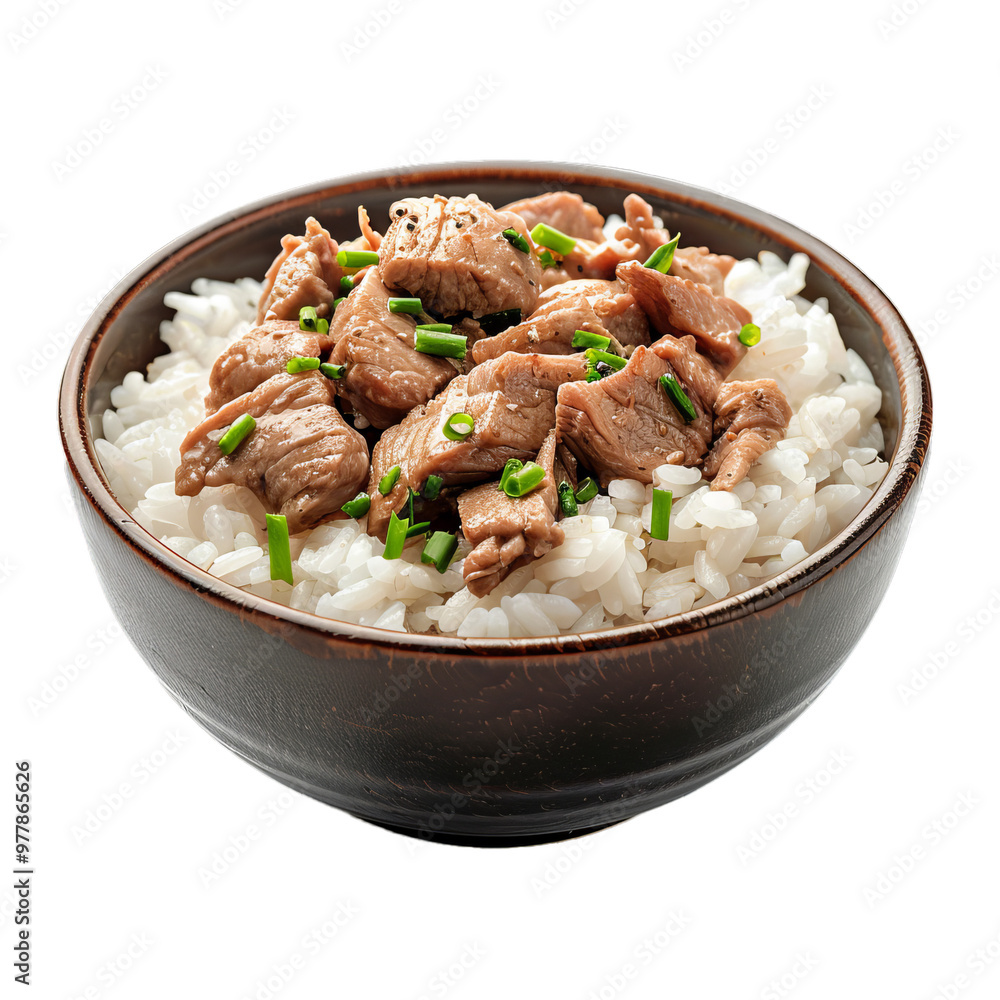 Bowl with portion of delicious rice served with juicy chicken meat and chopped chives Bowl with portion of delicious rice served with juicy chicken meat and chopped chives