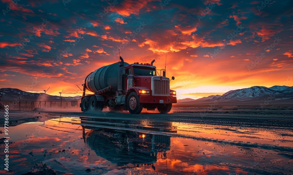 Cement truck machine at sunset Cement truck machine at sunset