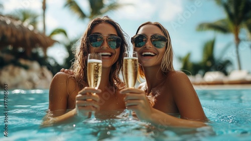 Friends enjoying champagne in a tropical pool surrounded by palm trees on a s...