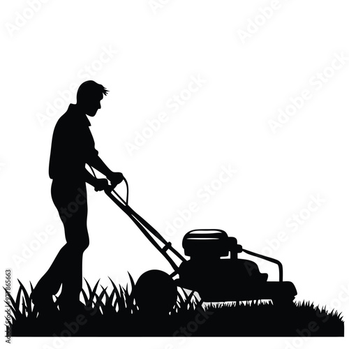 Silhouette of a Young Man Mowing the Lawn: A Simple Outdoor Scene