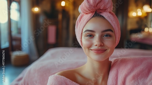 A young woman enjoys a relaxing spa treatment in a cozy setting with soothing...