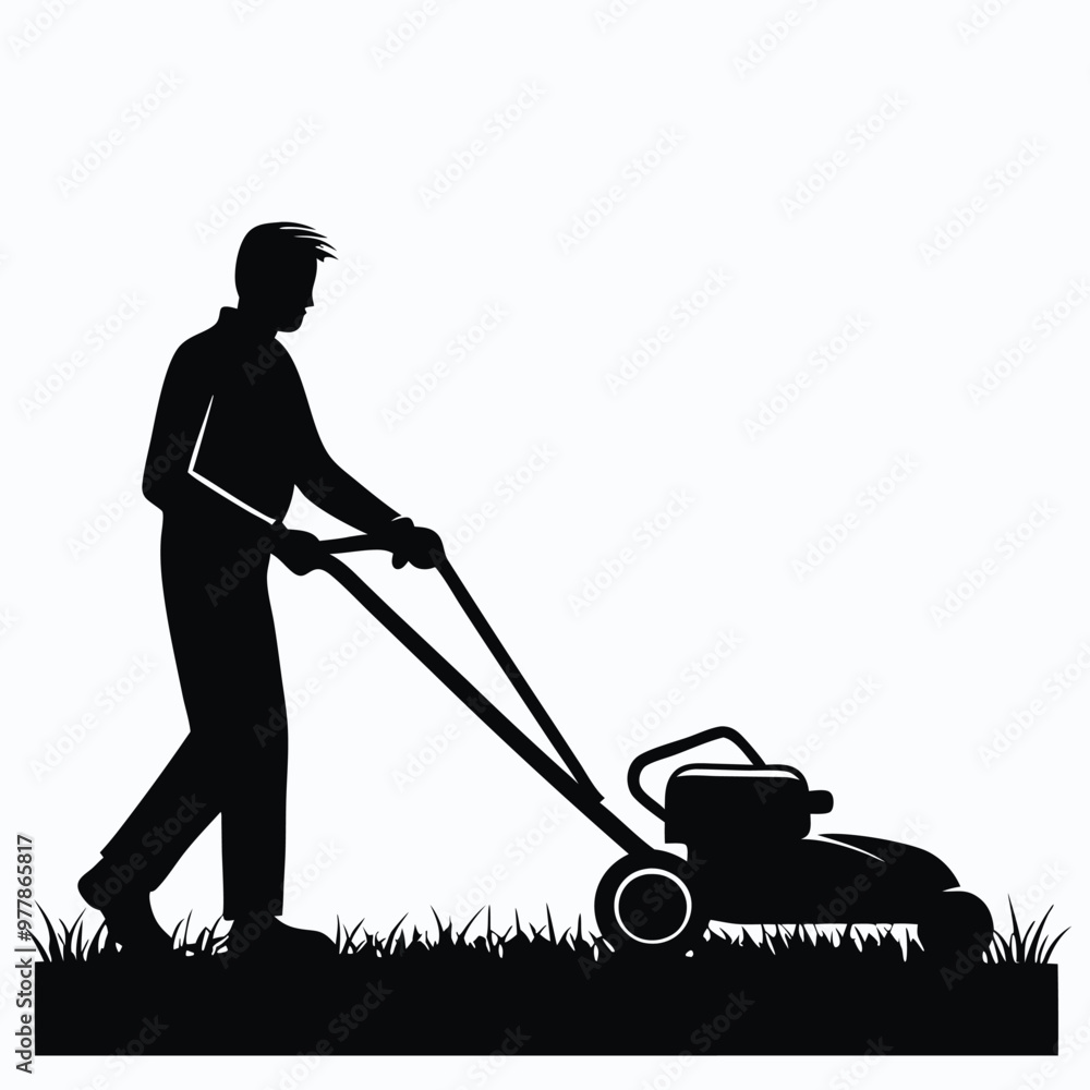 Silhouette of a Young Man Mowing the Lawn: A Simple Outdoor Scene Silhouette of a Young Man Mowing the Lawn: A Simple Outdoor Scene