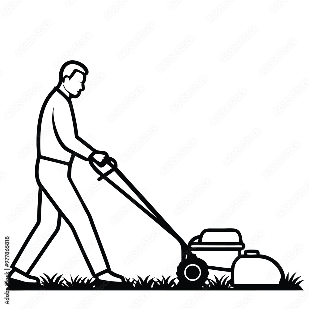 Silhouette of a Young Man Mowing the Lawn: A Simple Outdoor Scene Silhouette of a Young Man Mowing the Lawn: A Simple Outdoor Scene