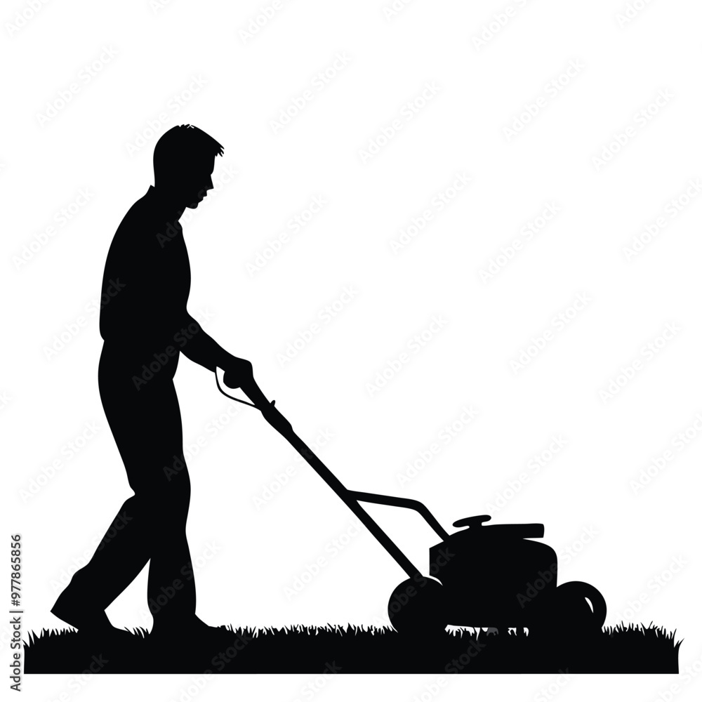 Silhouette of a Young Man Mowing the Lawn: A Simple Outdoor Scene Silhouette of a Young Man Mowing the Lawn: A Simple Outdoor Scene